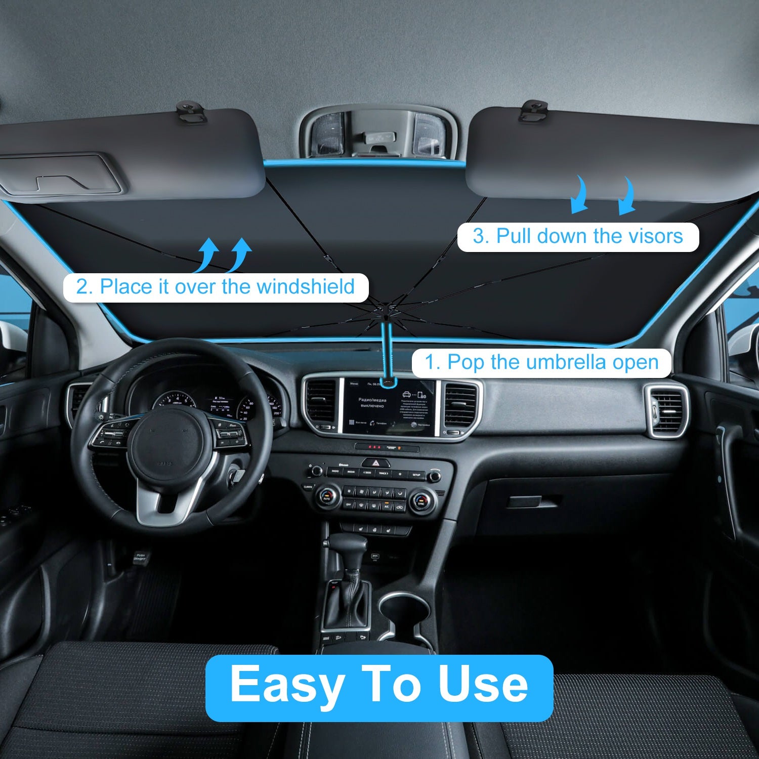 Car interior with instructions on using a sun visor and umbrella, labeled step-by-step.