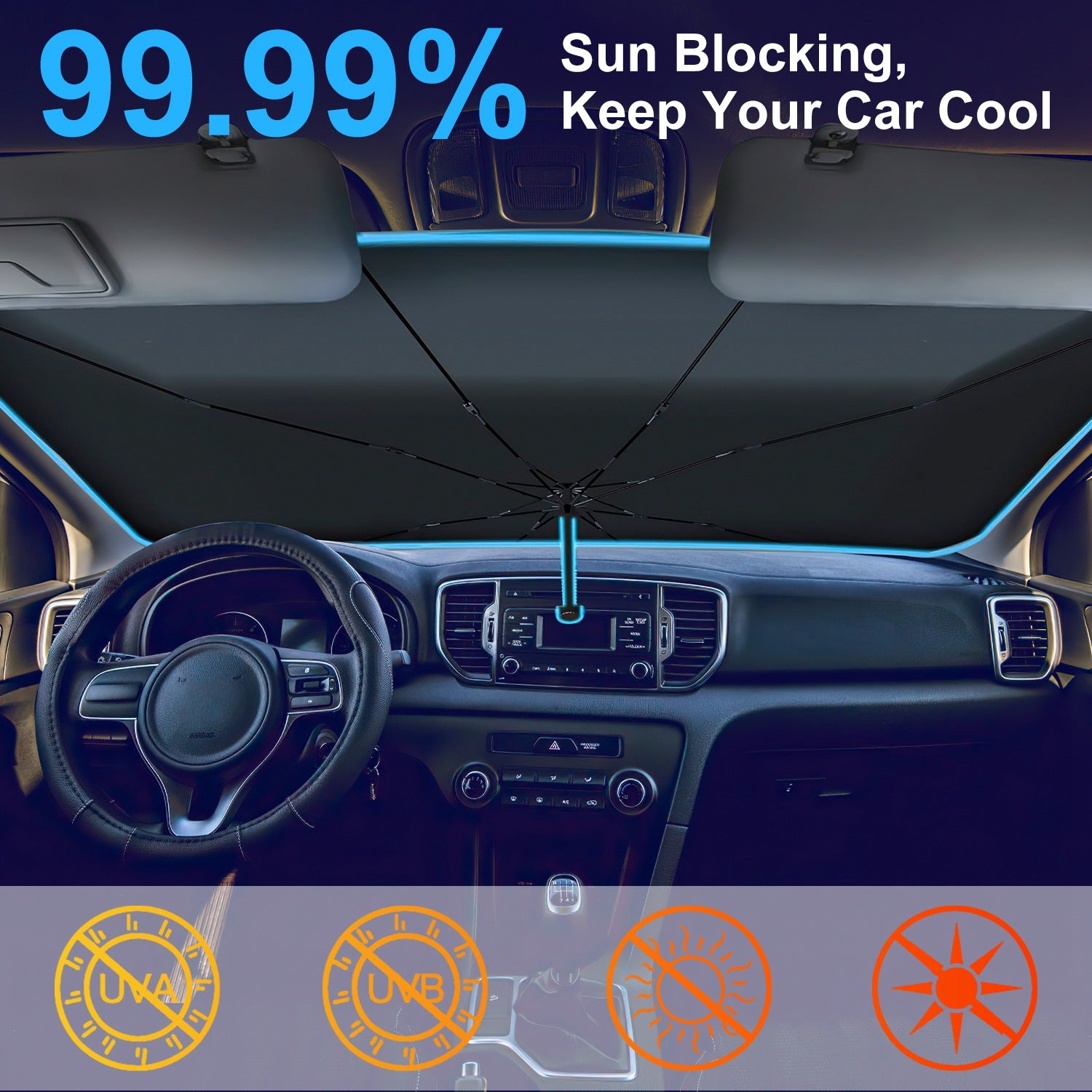 Car interior with a sunshade blocking sunlight, emphasizing 99.99% sun blocking efficiency.