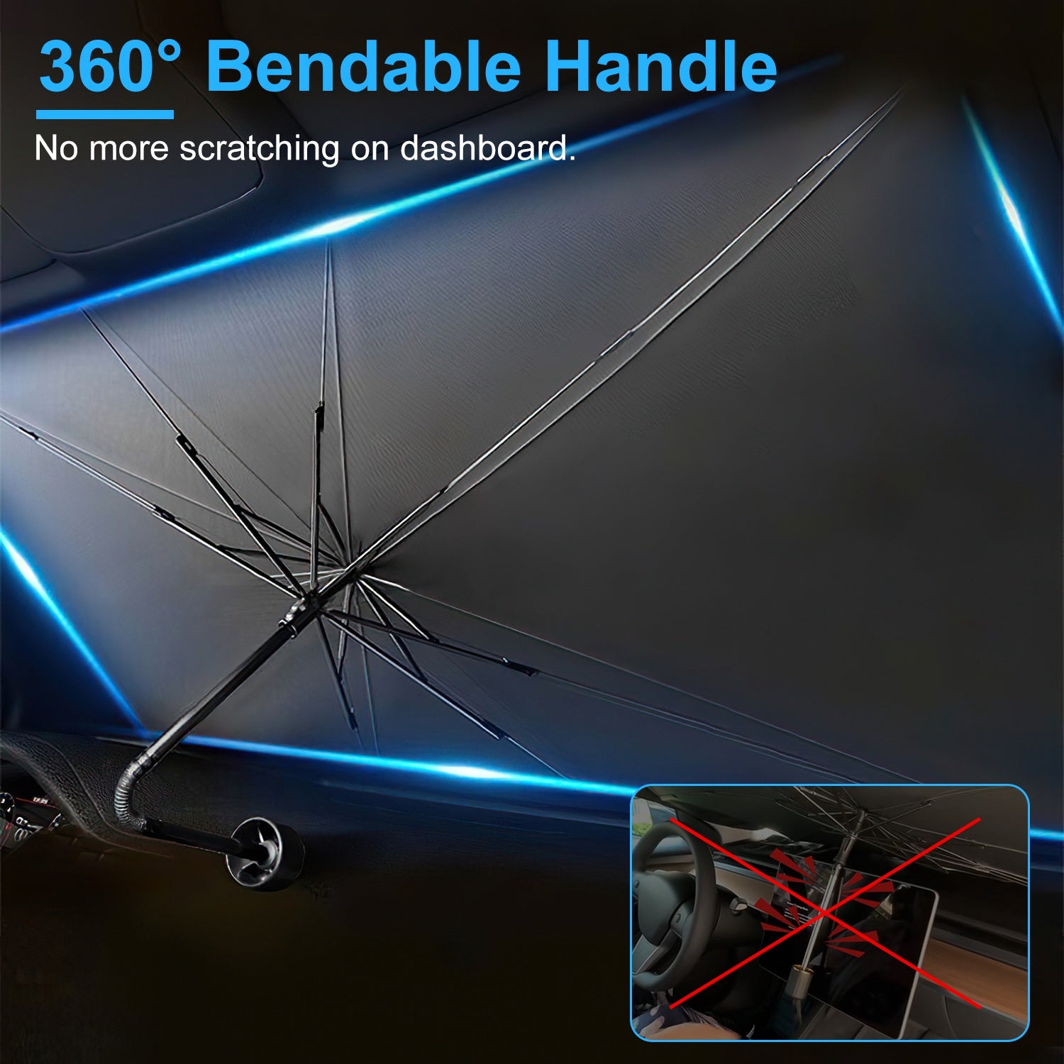 Umbrella with 360-degree bendable handle on a car dashboard, showing no scratching.