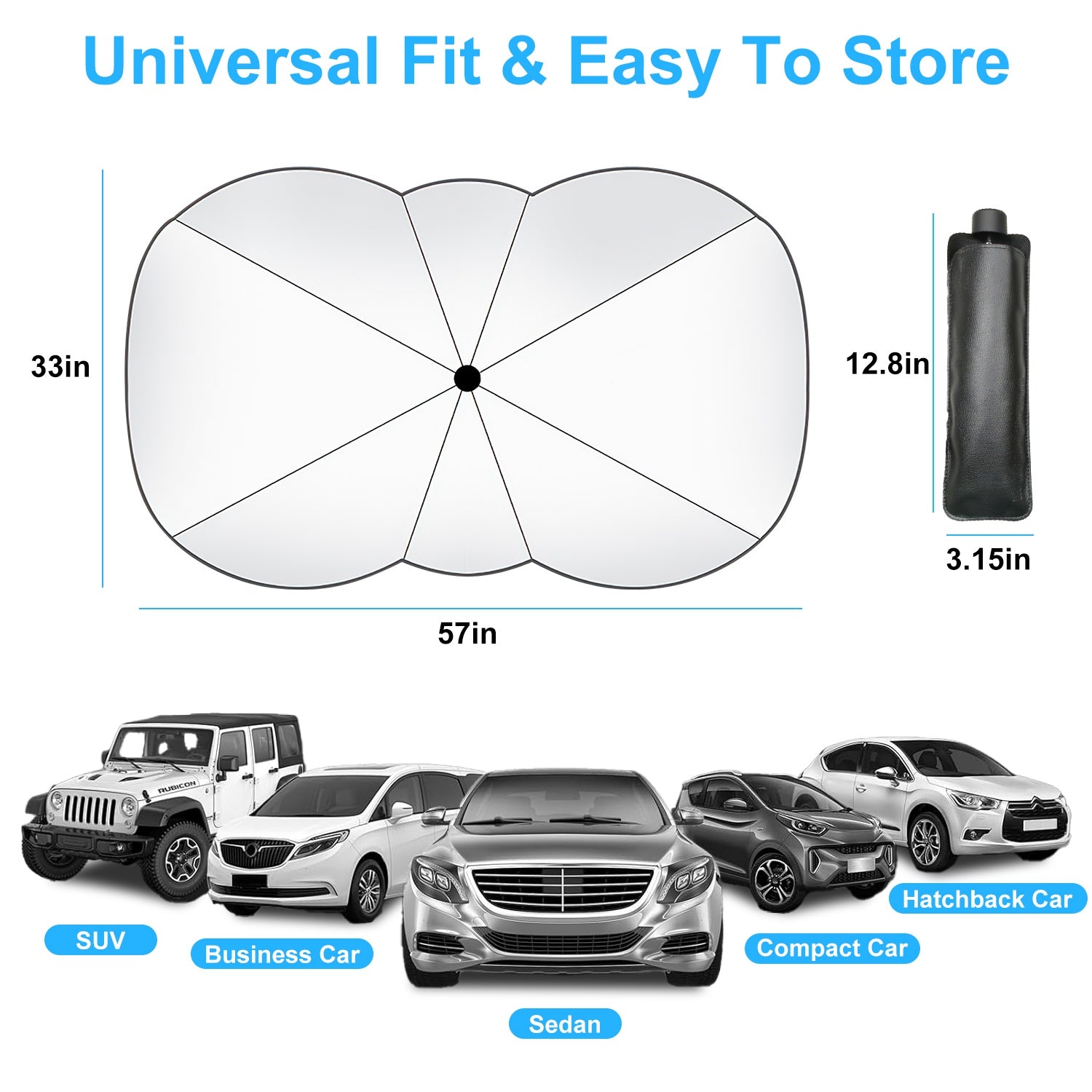 Car sunshade with dimensions and compatibility with different car types on a white background