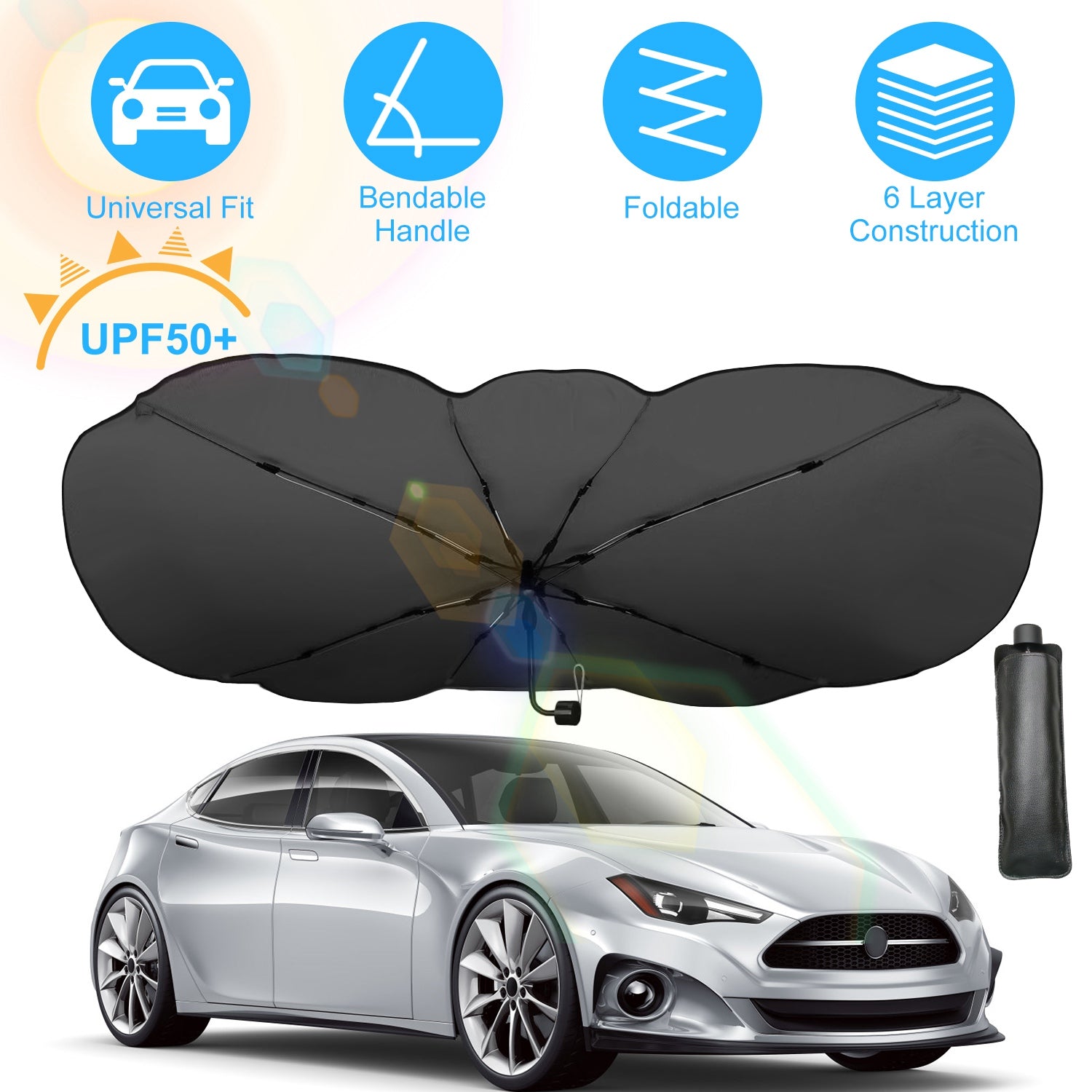 Black umbrella with car and features on a white background